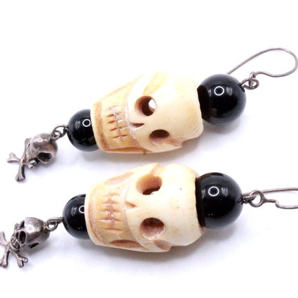 Vintage Sterling Silver Skull Sculpted Unique Dangle 3" Long Earrings - Picture 2 of 8